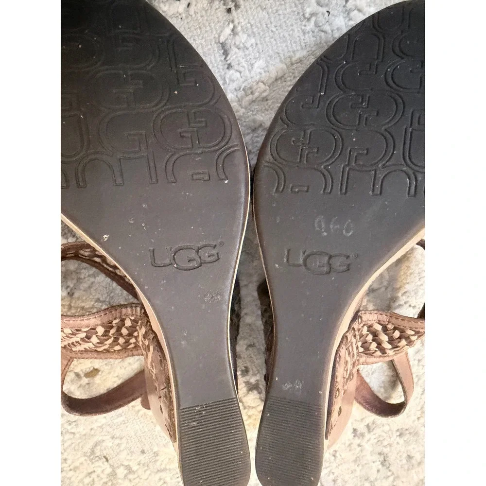 UGG Lucianna Tan Woven Leather Platform Wedge Sandals Brown Metallic 1002673 10
